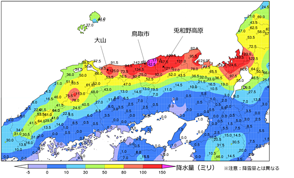 図1　2017年2月9日21時 12日24時までのアメダス期間降水量（大阪管区気象台資料より）