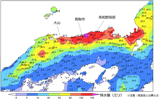 図1　2017年2月9日21時?12日24時までのアメダス期間降水量（大阪管区気象台資料より）