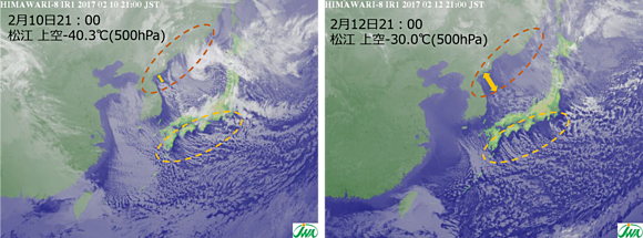 図2　2017年2月10日及び12日（どちらも21時）の高解像度気象衛星赤外画像