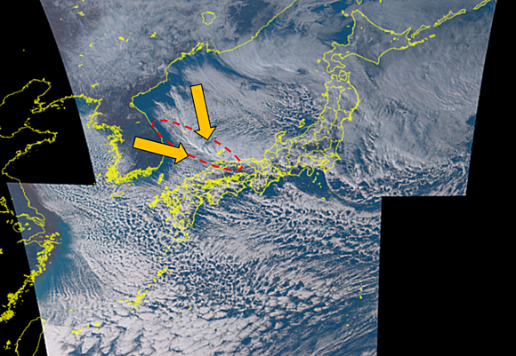 図3　2017年2月10日14時45分の高解像度気象衛星可視画像（ひまわり8号リアルタイムWeb-NICTより）