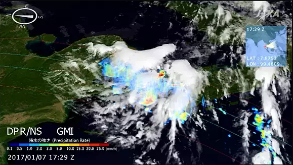 図１　2017年1月7日のタイ南部の雲と降水の強さ（JAXA GPM/DPR）