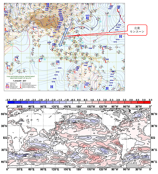 図４　上：地上天気図（2017年1月7日9時） 下：海面水温の平年偏差（2017年1月）