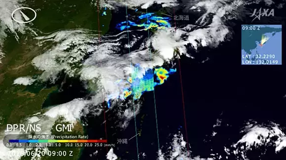 日本付近の梅雨前線に伴う雲とGPM/DPRの観測による降水のようす（2016年6月20日 日本時間18時00分）