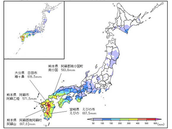 図２　期間総降水量分布図と上位5位の観測地点（2016年6月19日～6月24日）※気象庁災害時気象報告より