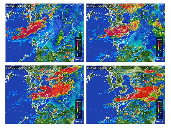図３　気象レーダが観測した九州付近の線状降水帯のようす（2016年6月20日21～24時）