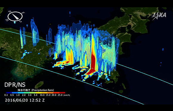 図４　GPM/DPRによる降水の3三次元布図（日本時間2016年6月20日21時52分）