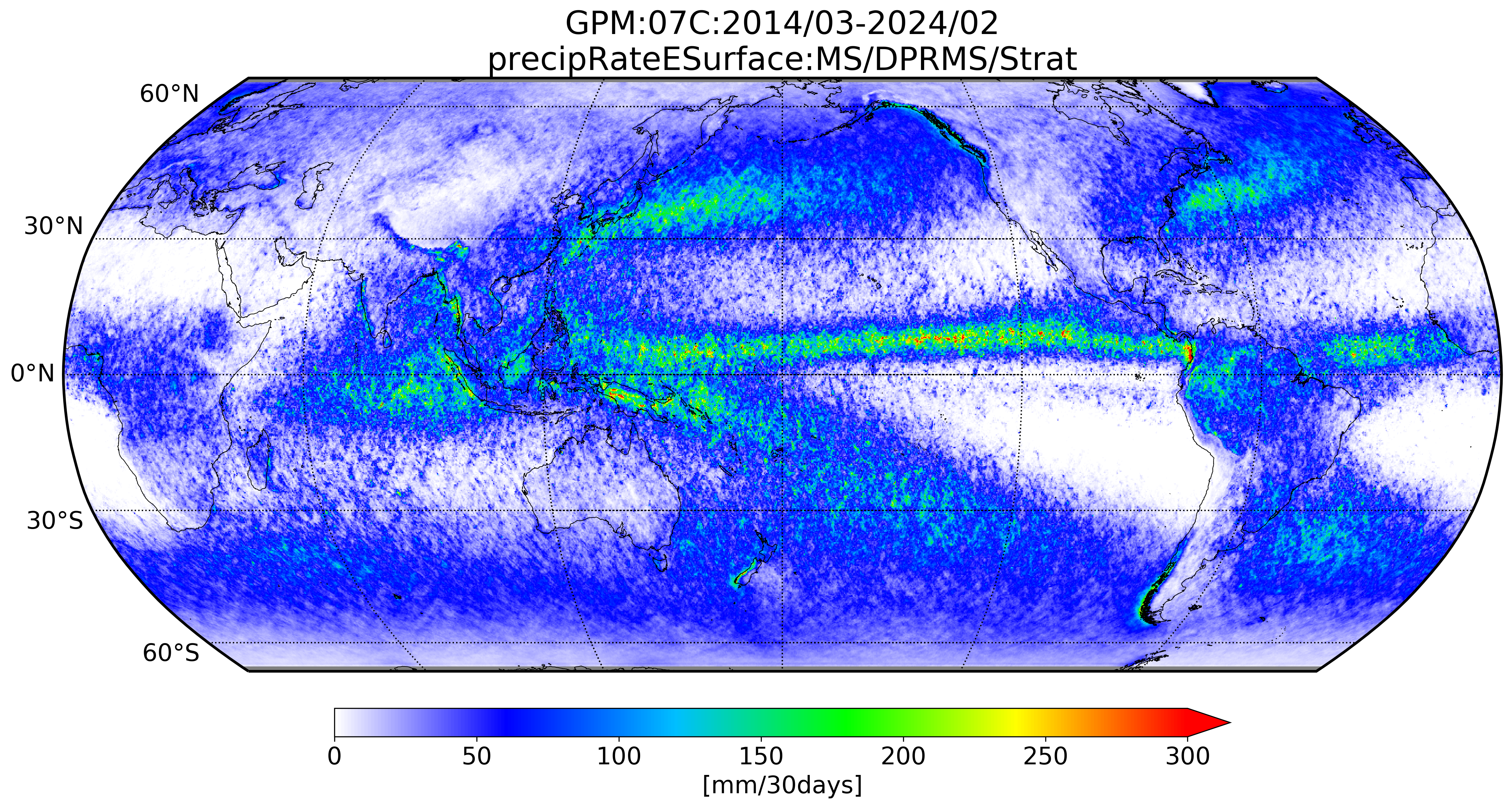 GPM/DPR distribution of stratiform precipitation on the Earth's surface. The analyzed period is 10 years from March 2014 to February 2024. The unit is mm/30 days.