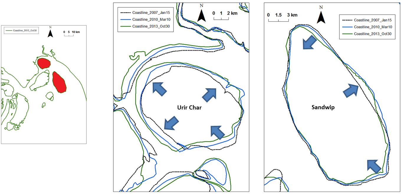 Urir Char Island and Sandwip Island : Historical Coast Line, Erosion and accretion rates