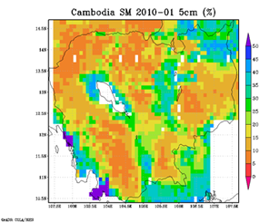 Soil Moisture distribution by AMSR-E + LDAS-UT, Monthly Average (Jan., 2010)