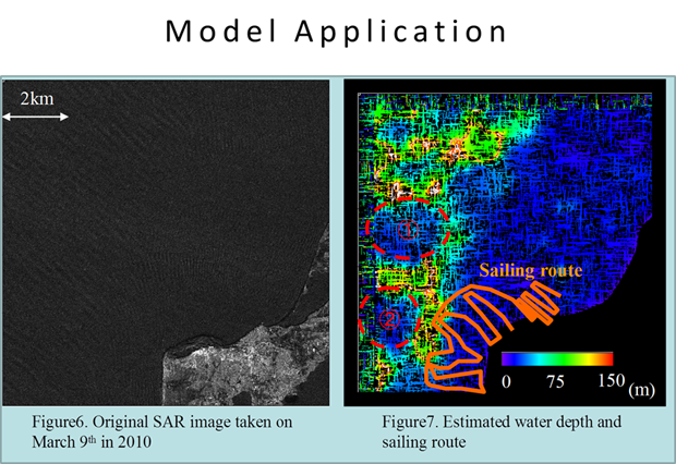 Bathymetry Estimation - left fig.: Original SAR image taken on March 9th in 2010, right fig.: Estimated water depth and sailing route -