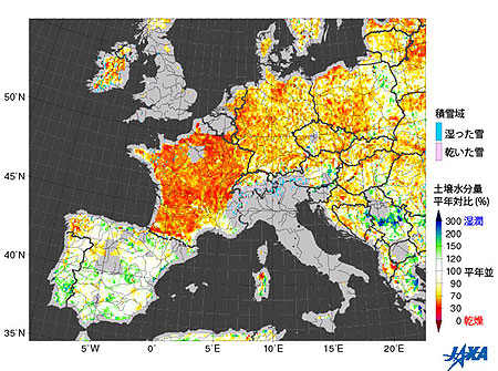 ヨーロッパの土壌水分量平年対比と積雪域の分布(2011年5月1日〜20日)