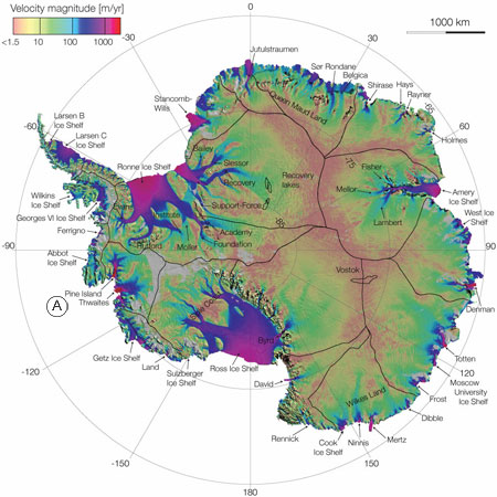 PALSAR、Radarsat-2、Envisat等を使用して作成した南極の氷の移動速度分布図