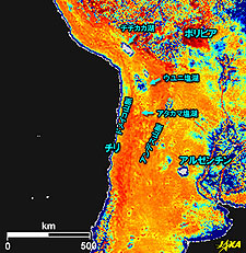 アンデス山脈の拡大図(土壌水分量)