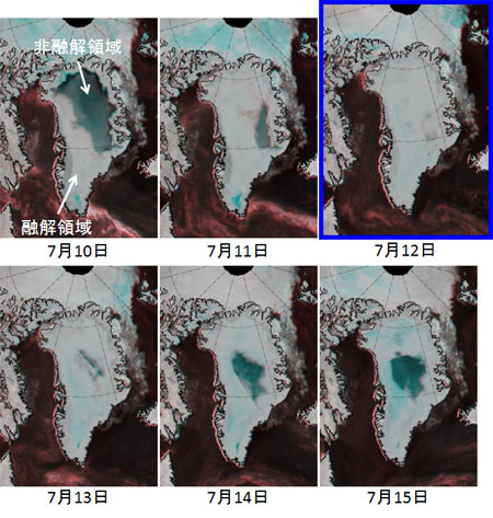 7月10日から７月15日までのグリーンランド氷床表面状態の変化