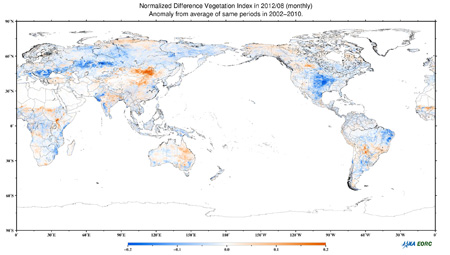 2012年8月の植生分布の2002〜2010年の9年間平均した平年値からの偏差