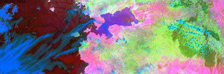 中分解能MODIS疑似カラー画像により強調された水色、植生や土壌、雲の様子(2008年10月31日08：05 UT)