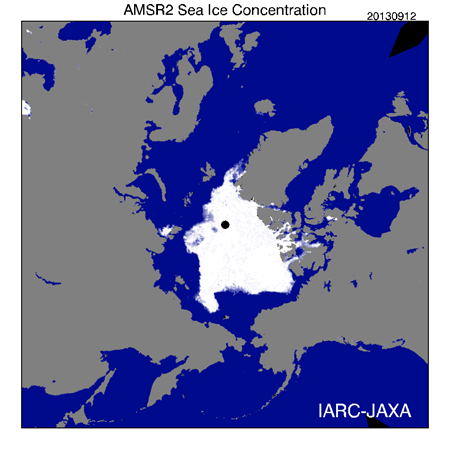AMSR2が捉えた北極域の2013年9月12日の海氷密接度分布