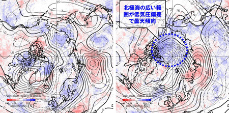 北極域の夏期曇天率および500hPa高度の偏差の分布（2012、2013年）