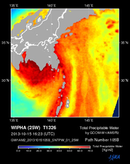 GCOM-W1/AMSR2で観測した水蒸気量（可降水量）分布