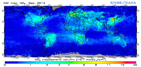 OMI衛星センサによる二酸化窒素の対流圏気柱量全球分布画像