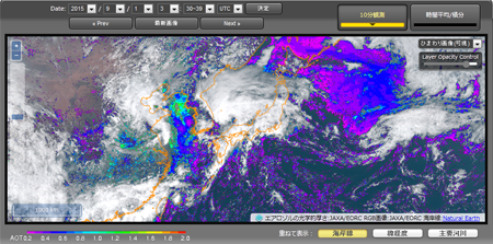 JAXAひまわりモニタの大気微粒子特性（エアロゾル光学的厚さ）の例