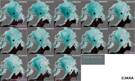 最近13年間（2003-2015年）の4月20日に観測された北極海の海氷分布