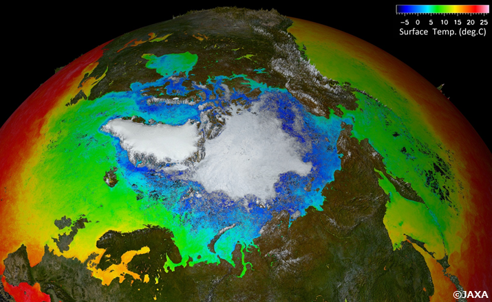 北極域の陸域反射率及び海面輝度温度の合成画像（2015年8月16-9月15日）