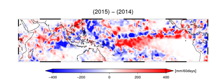 図4から、2014年の同期間の積算降水量を引いた偏差