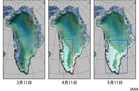 2016年3月11日、4月11日、5月11日のグリーンランド氷床雪氷面の輝度温度（白色が融解領域、緑色が非融解領域）