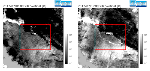 2017年7月1日、7月12日のラーセンC棚氷の輝度温度画像（AMSR2の89 GHz垂直偏波）