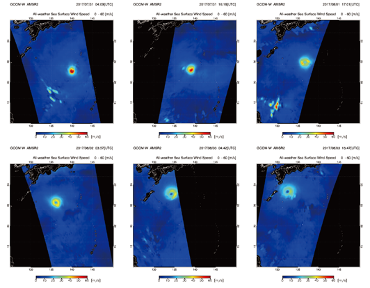 「しずく」搭載AMSR2による台風5号の全天候海上風速の分布。上段左から、平成29年7月31日13:09、7月31日1:18、8月1日2:01、下段左から8月2日12:57、8月3日13:42、8月4日1:47（日本時間）に観測。