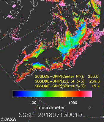 「しきさい」搭載SGLIセンサが2018年7月13日に取得した観測データを解析して得られたグリーンランド氷床上の積雪粒径