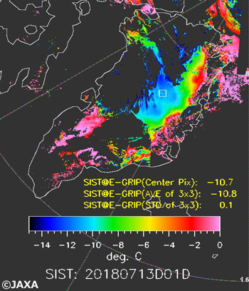 「しきさい」搭載SGLIセンサが2018年7月13日に取得した観測データを解析して得られたグリーンランド氷床上の雪氷面温度