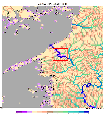 YEEが推定した7月6日午前0時～7月8日午前0時（日本時間）における肱川周辺の河川流況。河川流量