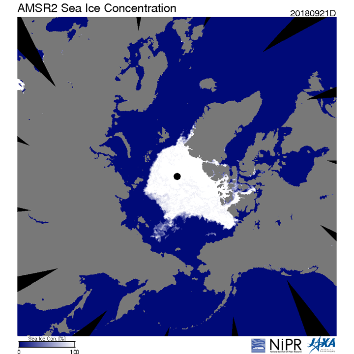 JAXAの水循環変動観測衛星「しずく」の観測データによる2018年9月21日の北極海氷の画像