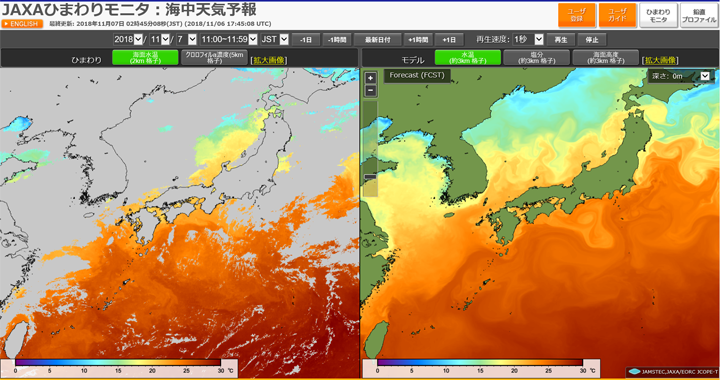 海中天気予報によって得られた水温、塩分とひまわり8号が観測した海面水温、クロロフィルa濃度を比較できるサイト