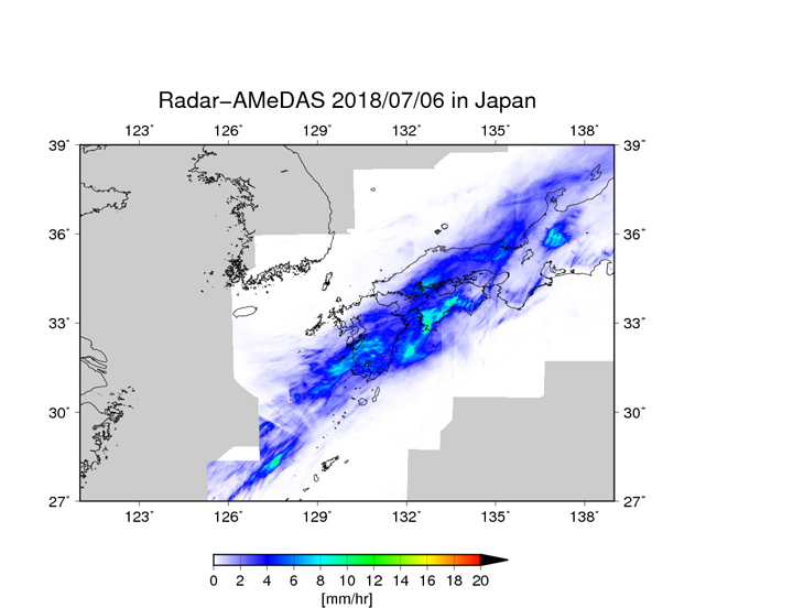 気象庁レーダアメダス解析雨量による、2018/07/06 09JST – 07/07 09JSTの24時間における平均降水量 (mm/hr)。