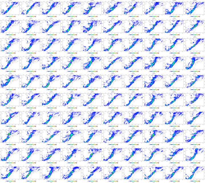 空間解像度14 kmで行った100個の予報の降水量(mm/hr)。07/05 09JSTからの予報で、07/06 09JST – 07/07 09JSTの24時間における平均値。