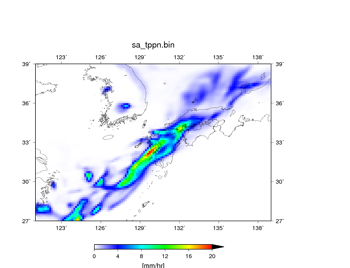 空間解像度14 kmで行った100個の予報において、降水域の分布が近かった実験結果。降水量 (mm/hr)。