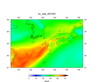 空間解像度14 kmで行った100個の予報において、降水域の分布が近かった実験結果。可降水量 (mm)。