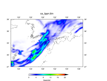 空間解像度14 kmで行った100個の予報において、降水域の分布が悪かった実験結果。 07/05 09JSTからの予報で、07/06 09JST – 07/07 09JSTの24時間における平均値。降水量 (mm/hr)。