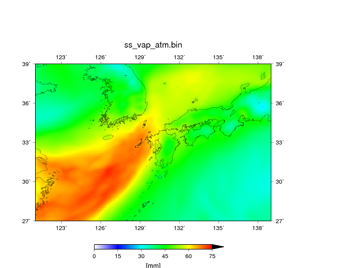 空間解像度14 kmで行った100個の予報において、降水域の分布が悪かった実験結果。 07/05 09JSTからの予報で、07/06 09JST – 07/07 09JSTの24時間における平均値。可降水量 (mm)。