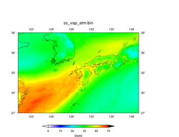 図4に用いた予報初期値を用いて空間解像度3.5kmで行った予報実験結果(07/05 09JSTからの予報)。07/06 09JST – 07/07 09JSTの24時間における平均値。可降水量 (mm)。