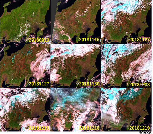 「しきさい」が2018年9月19日から12月19日にかけて捉えた本州中部（色合成は図1と同じ）。