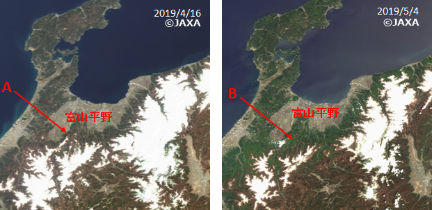 2019年4月16日と5月4日の富山県周辺のカラー合成画像。