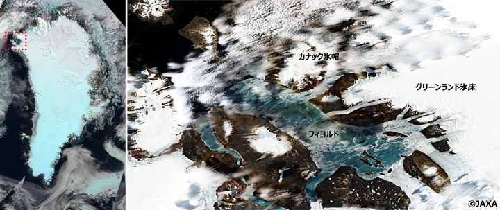 左：気候変動観測衛星しきさい（GCOM-C/SGLI）が撮影したグリーンランド氷床全体のトゥルーカラー画像。図中赤枠が右図の領域。右：Sentinel-2/OLIが2019年6月17日に撮影したトゥルーカラー画像