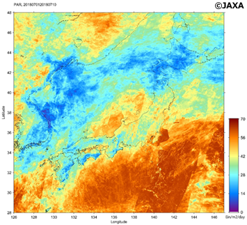 気候変動観測衛星「しきさい」による2018年の7月上旬（1日から10日までの10日間）平均の光合成有効放射