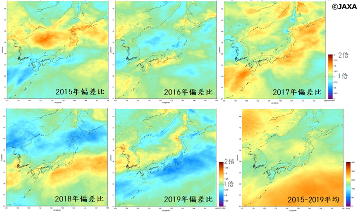 「ひまわり」による7月上旬（1日から10日までの10日間平均）の5年間平均日射量（右下。単位W/m2）および各年の日射量の5年間平均日射量からの比