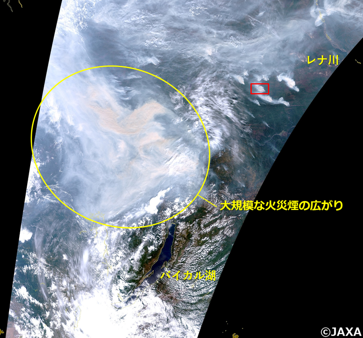 気候変動観測衛星「しきさい」によるロシア・バイカル湖周辺の2019年7月24日の可視光線画像（赤、緑、青に「しきさい」搭載多波長光学放射計（SGLI）のチャンネルVN8（673.5nm）、VN5（530nm）、VN3（443nm）を使用。人間の眼で見たのと同じ色合成）。