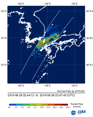 8月29日7:45にGPM/DPRが観測した雨の地表分布